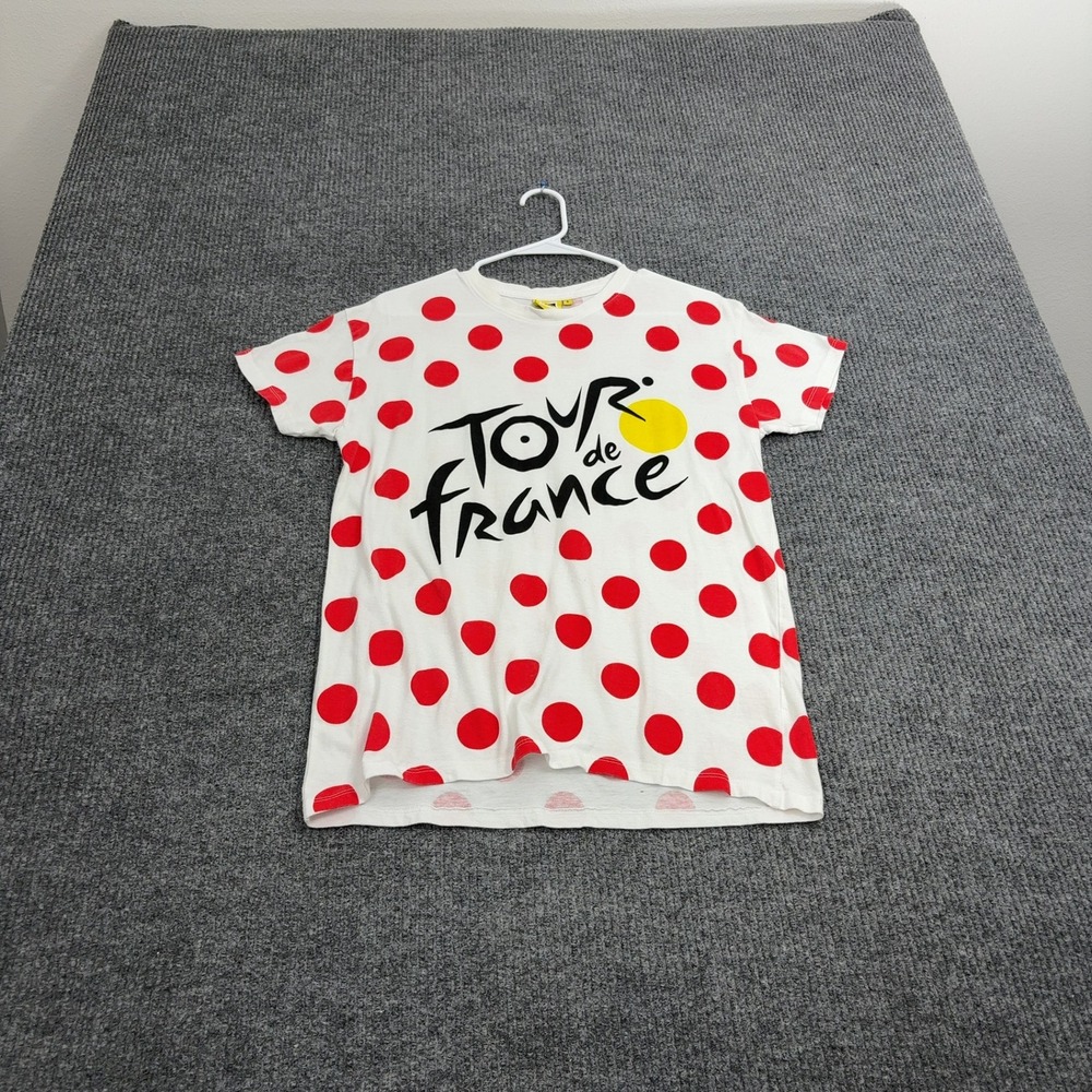 Tour de France T Shirt Mens S White Red Cotton Polka Dot Graphic Tee Cycling